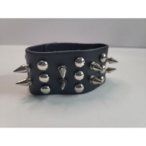 Black Faux Leather Cuff Bracelet Silver Tone Spike Stud Punk Gothic Adjustable